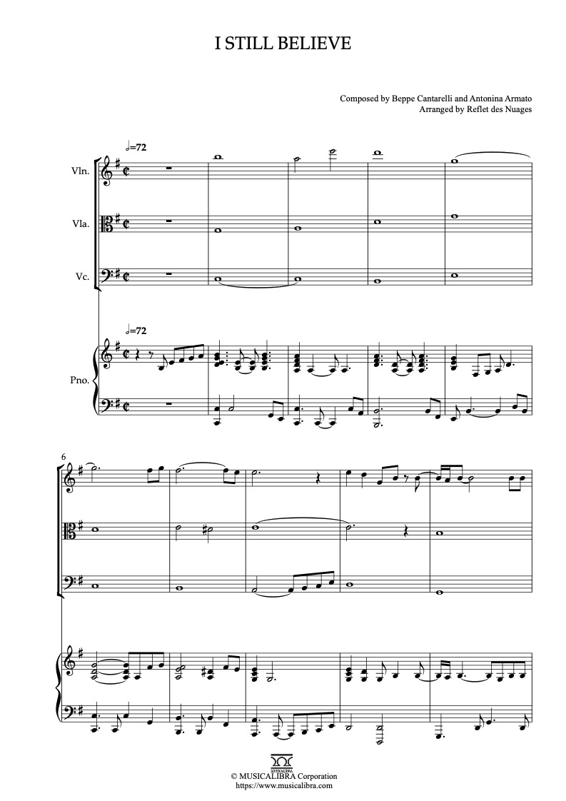 Partitura de Mariah Carey I Still Believe arreglada para cuarteto de violín, viola, violonchelo y piano