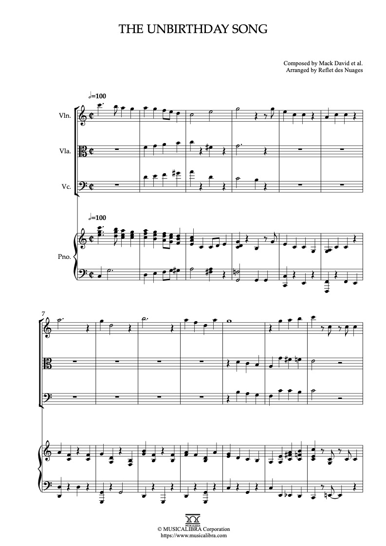 Sheet music of Alice in Wonderland The Unbirthday Song arranged for violin, viola, cello and piano quartet chamber ensemble preview page 1