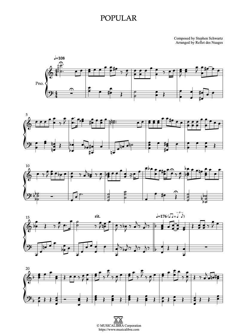 Sheet music of Wicked Popular arranged for piano solo preview page 1
