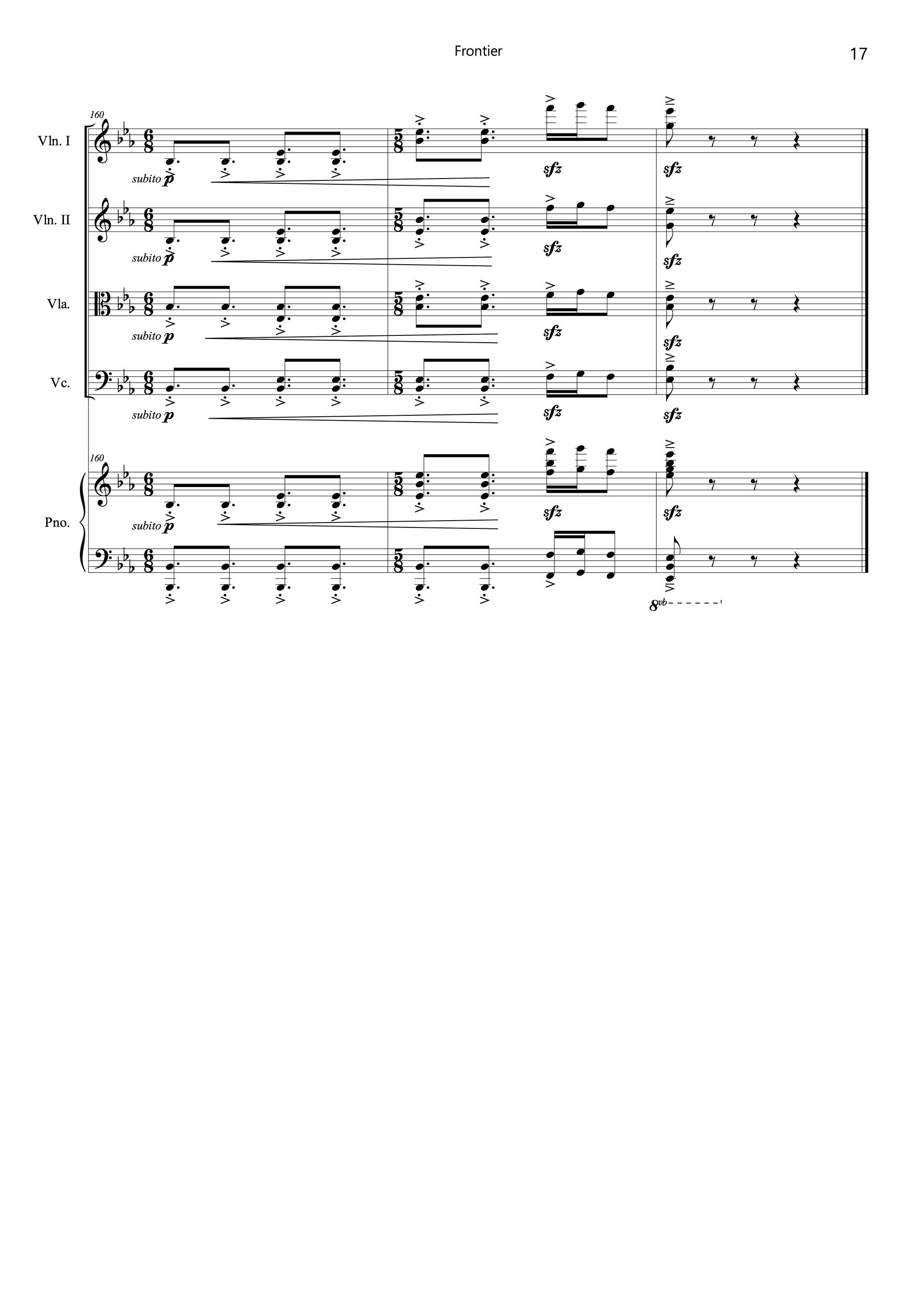 Sheet music of Frontier arranged for violins, viola, cello and piano quintet preview page 17