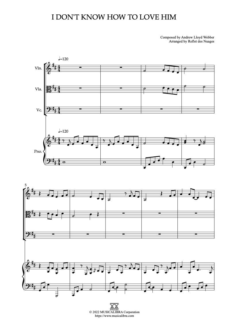Sheet music of I Don't Know How to Love Him arranged for violin, viola, cello and piano quartet chamber ensemble preview page 1