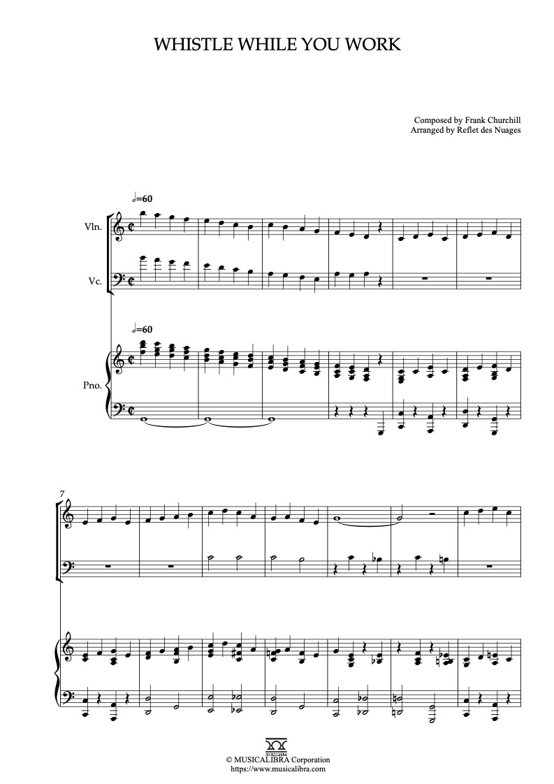 Sheet music of Snow White and the Seven Dwarfs Whistle While You Work arranged for violin, cello and piano trio chamber ensemble preview page 1