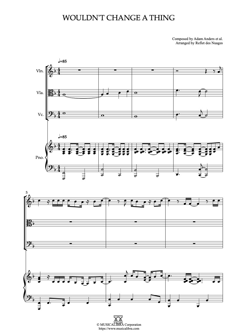 Partitura de Camp Rock Wouldn't Change a Thing arreglada para cuarteto de violín, viola, violonchelo y piano