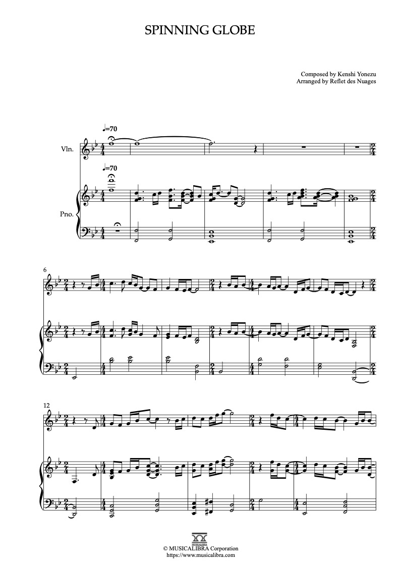 Sheet music of The Boy and the Heron Spinning Globe arranged for violin and piano duet chamber ensemble preview page 1