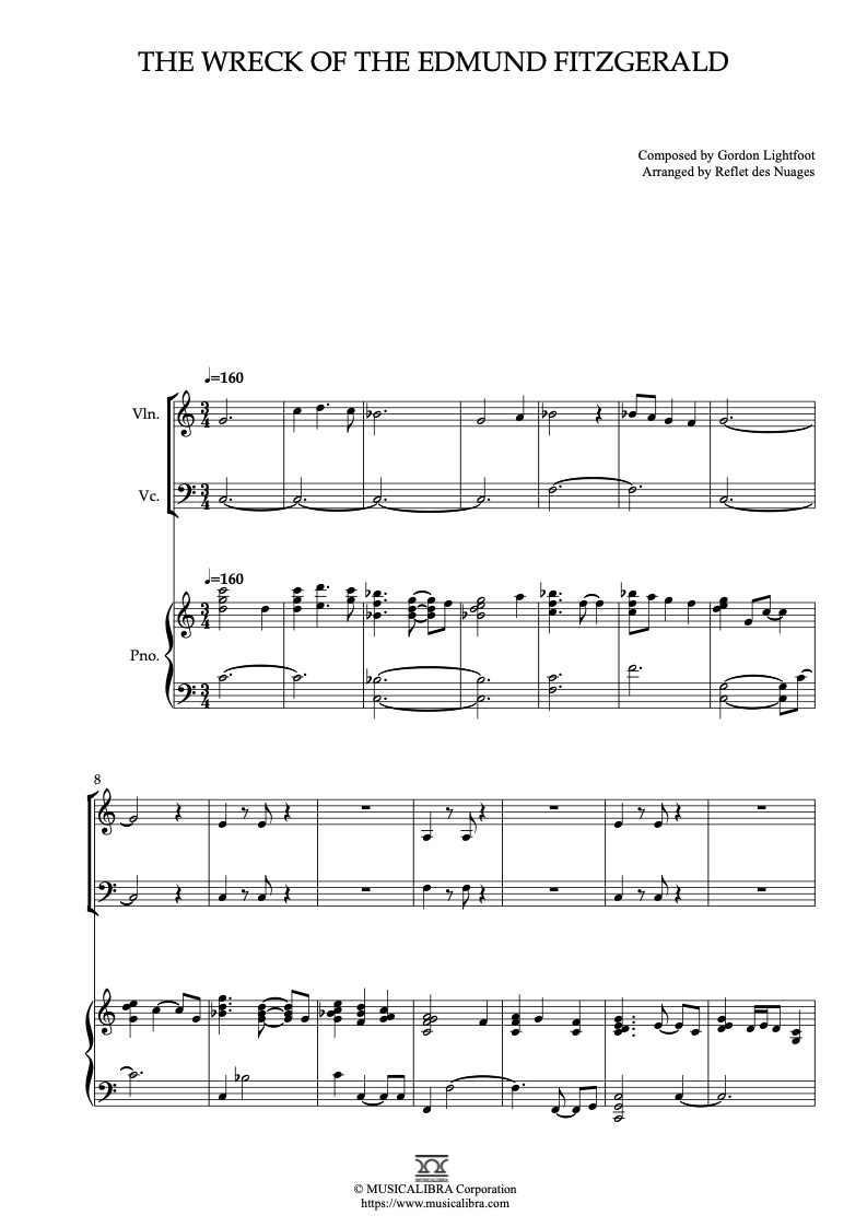 Partitura de The Wreck of the Edmund Fitzgerald arreglada para trío de violín, violonchelo y piano
