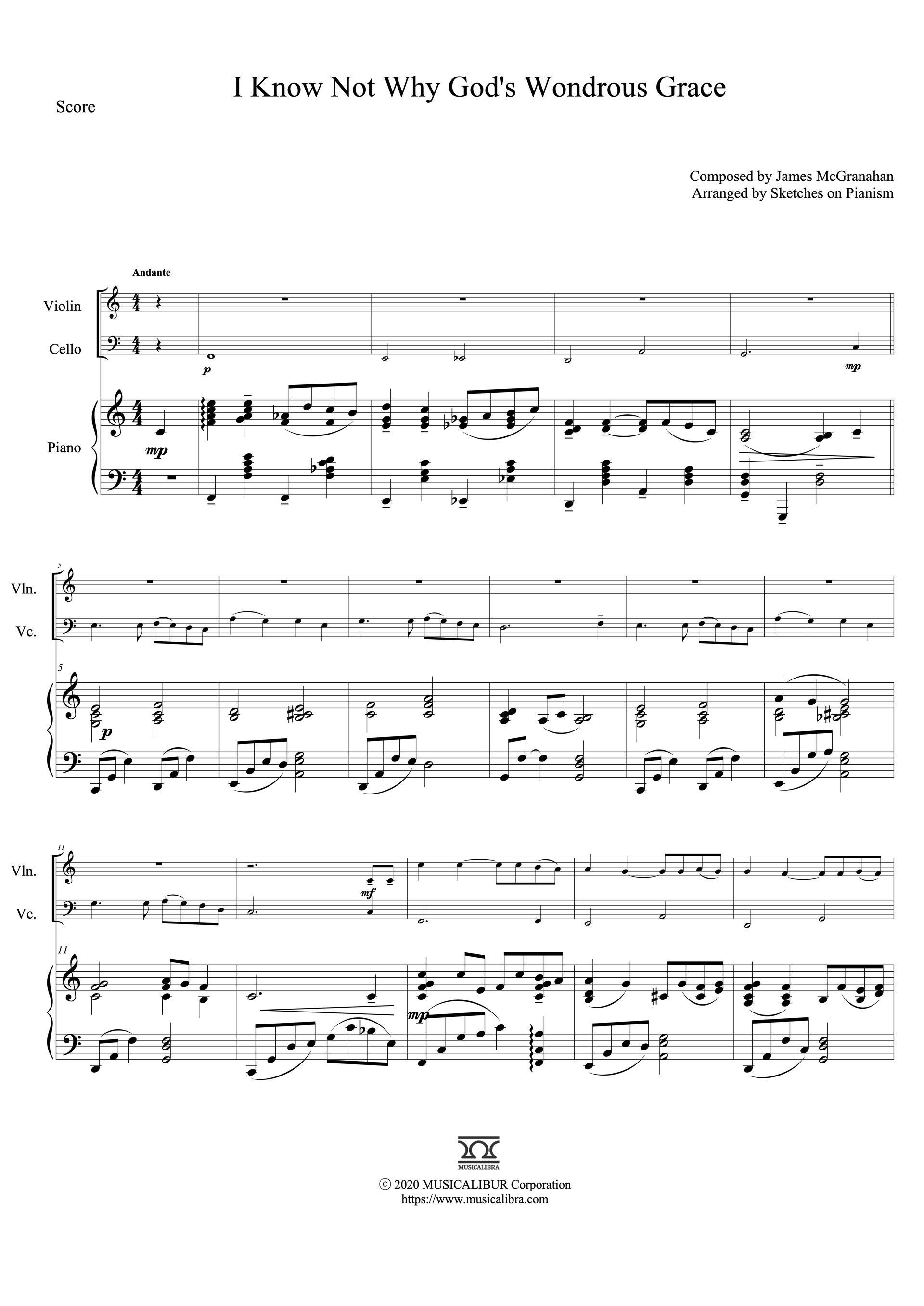 Sheet music of I Know Not Why God's Wondrous Grace arranged for violin, cello and piano trio preview page 1