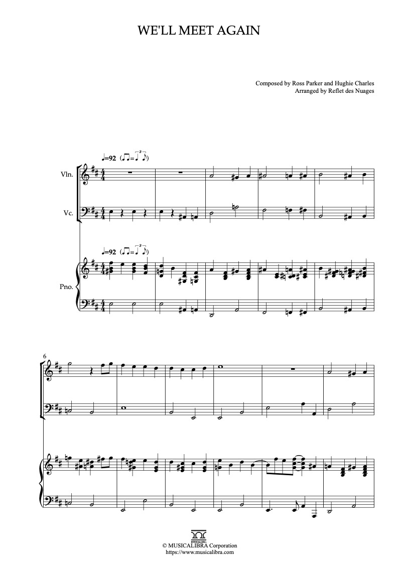 Partitura de We'll Meet Again arreglada para trío de violín, violonchelo y piano