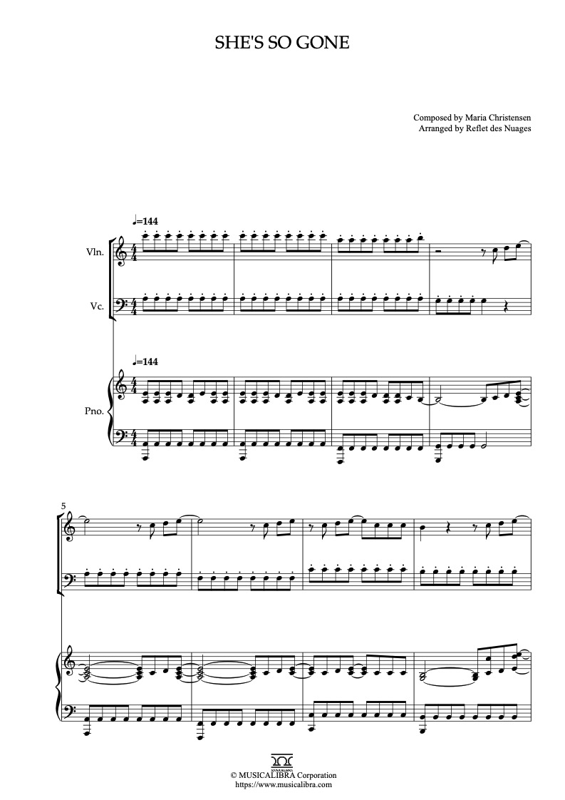 Sheet music of Lemonade Mouth She's So Gone arranged for violin, cello and piano trio chamber ensemble preview page 1