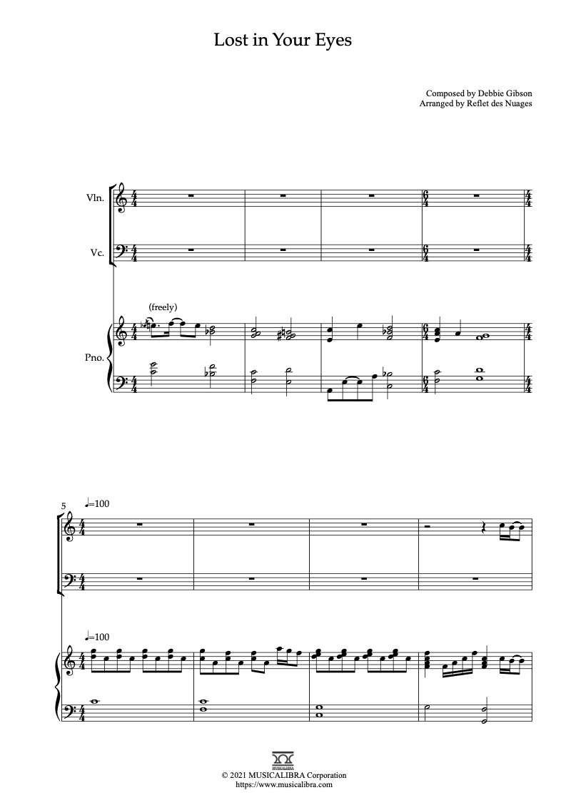 Sheet music of Debbie Gibson Lost in Your Eyes arranged for violin, cello and piano trio chamber ensemble preview page 1