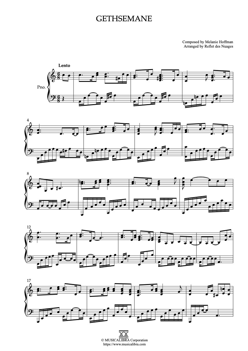 Partitura de Gethsemane arreglada para piano solo