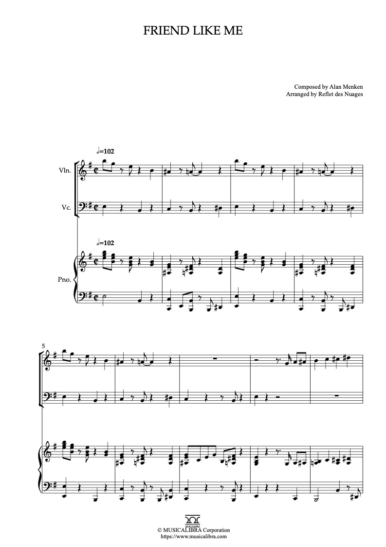 Aladdin Friend Like Me 編曲楽譜 - ヴァイオリン、チェロ、ピアノトリオ