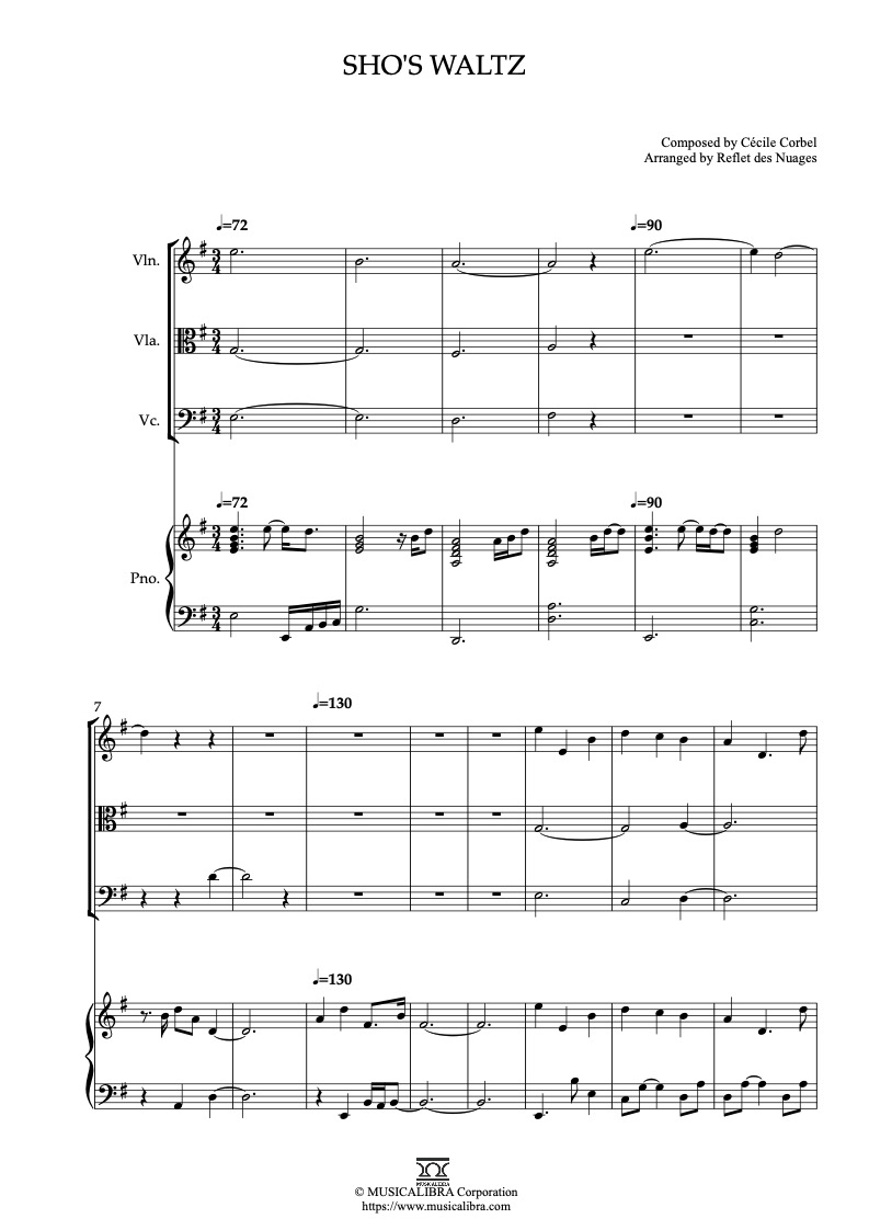 Partitura de The Secret World of Arrietty Sho's Waltz arreglada para cuarteto de violín, viola, violonchelo y piano