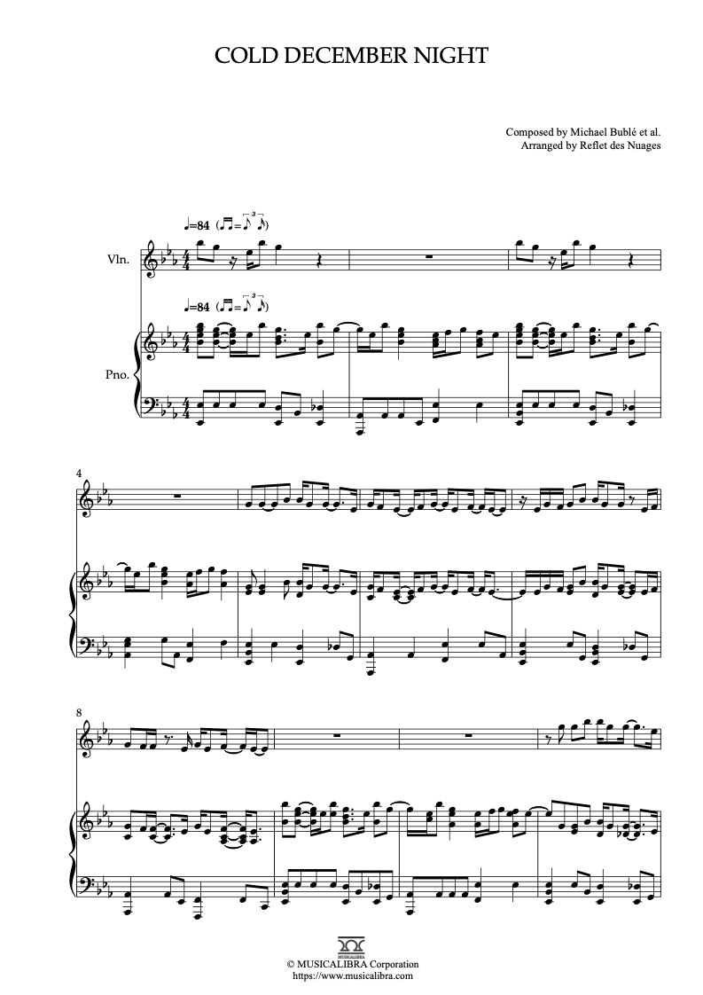 Sheet music of Michael Bublé Cold December Night arranged for violin and piano duet preview page 1