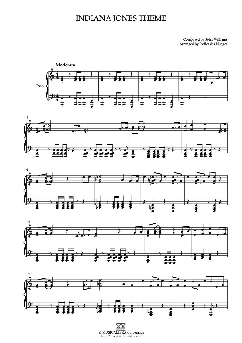 Partitura de Indiana Jones Theme arreglada para piano solo
