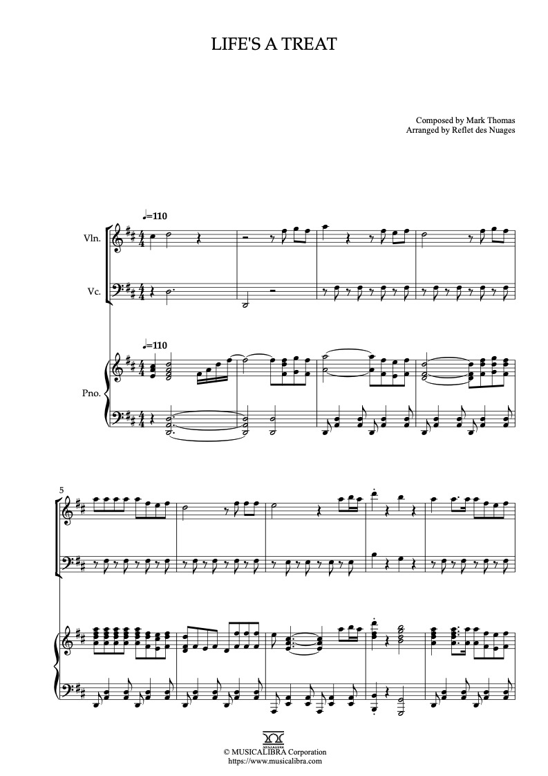Sheet music of Cloudy With a Chance of Meatballs Main Theme arranged for violin, cello and piano trio chamber ensemble preview page 1
