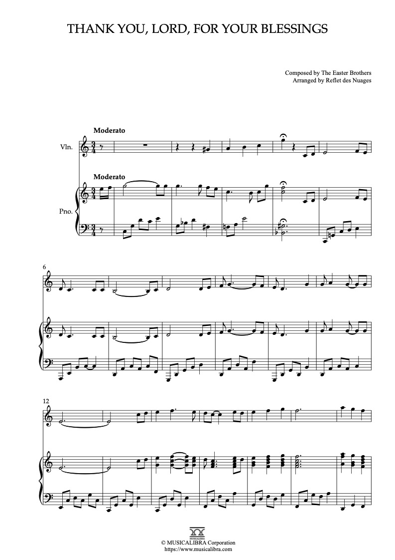 Sheet music of Thank You, Lord, for Your Blessings arranged for violin and piano duet chamber ensemble preview page 1