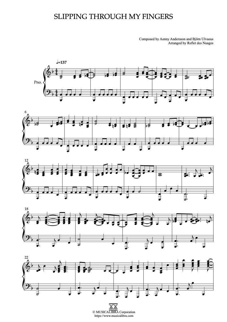 Partitura de ABBA Slipping Through My Fingers arreglada para piano solo