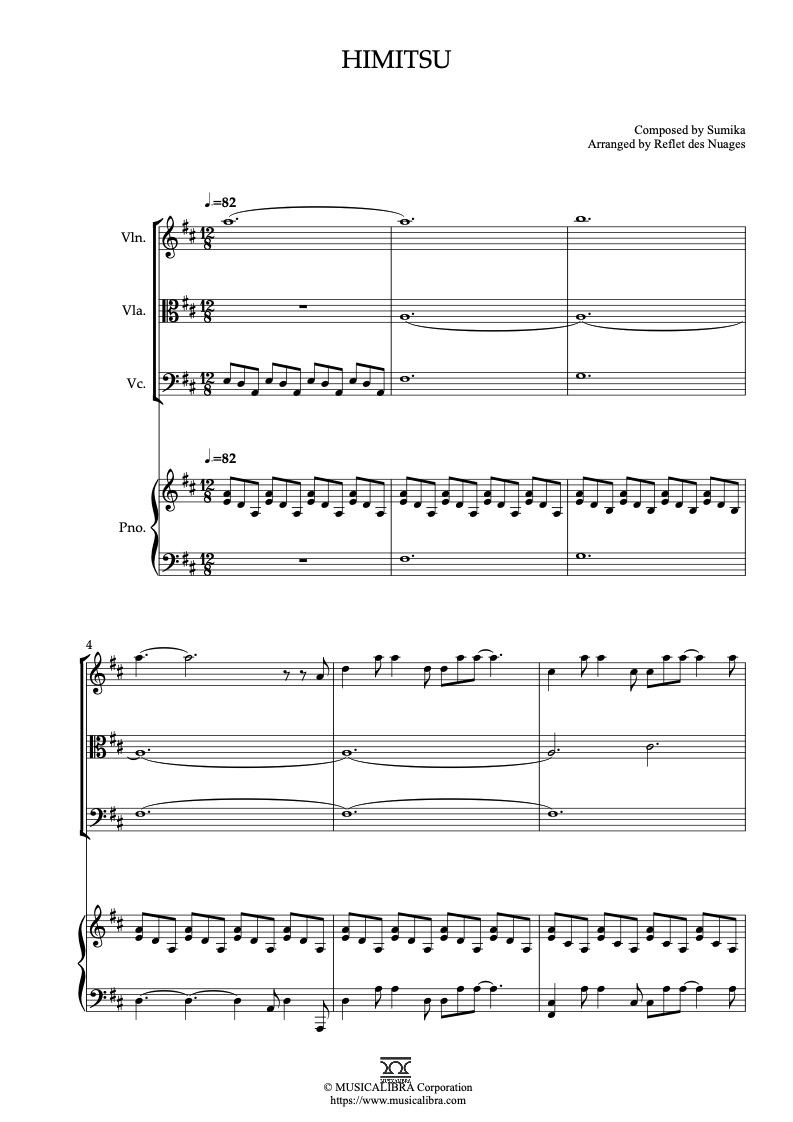 Sheet music of I Want to Eat Your Pancreas Himitsu arranged for violin, viola, cello and piano quartet chamber ensemble preview page 1