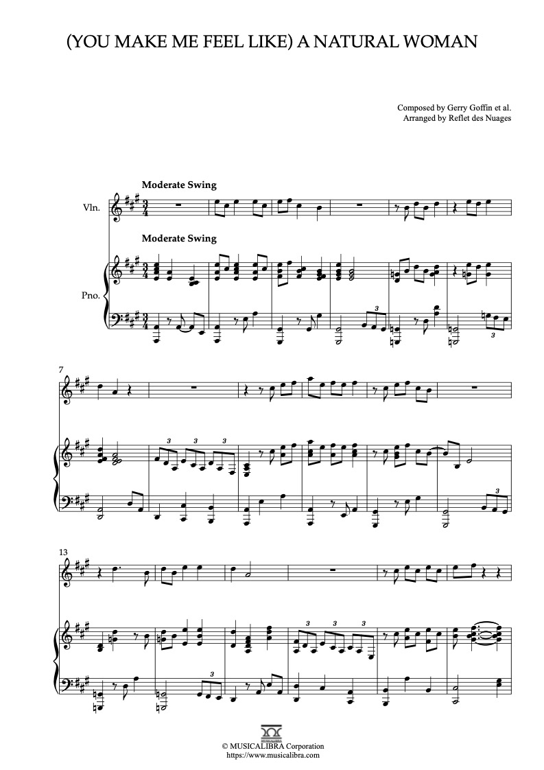 Aretha Franklin A Natural Woman 二重奏 乐谱 - 小提琴, 钢琴
