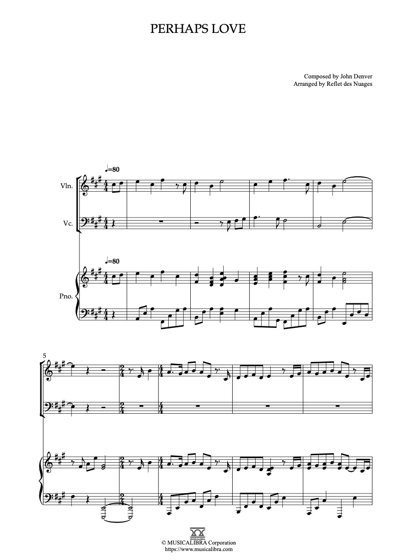 Partitura de Perhaps Love arreglada para trío de violín, violonchelo y piano