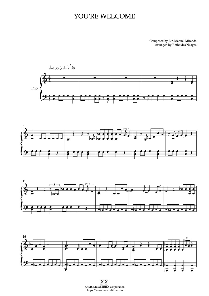 Partitura de Moana You’re Welcome arreglada para piano solo