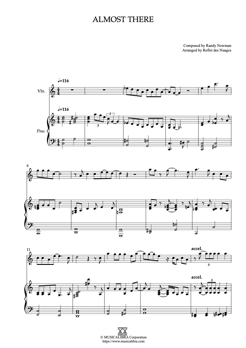 Sheet music of The Princess and the Frog Almost There arranged for violin and piano duet preview page 1