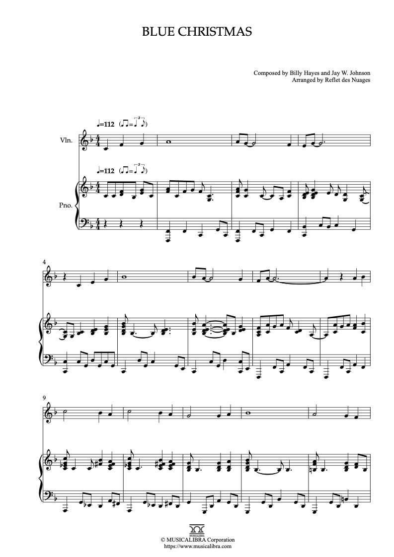 Partitura de Elvis Presley Blue Christmas arreglada para dueto de violín y piano