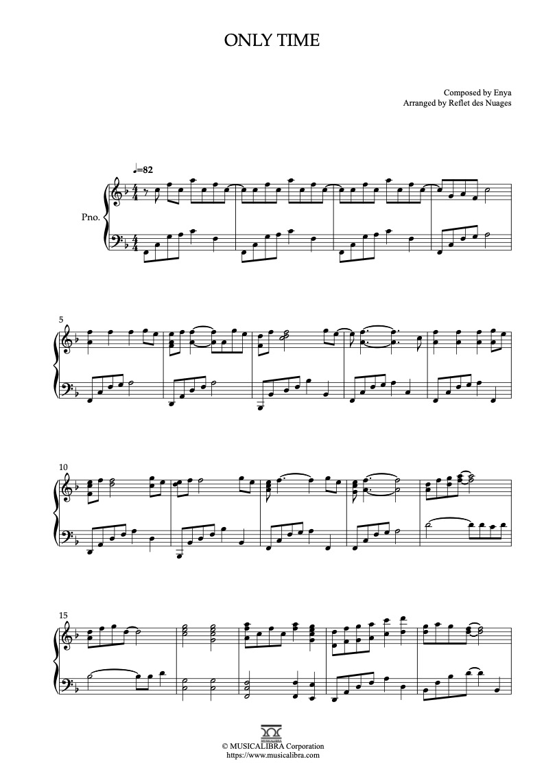 Partitura de Enya Only Time arreglada para piano solo