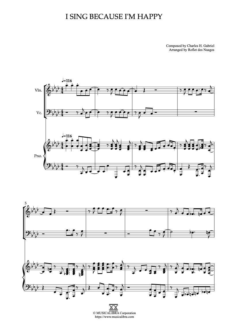Sheet music of I Sing Because I'm Happy arranged for violin, cello and piano trio chamber ensemble preview page 1
