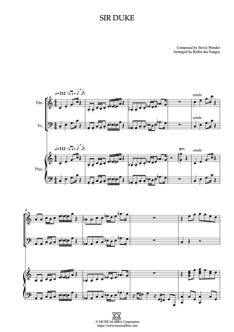 Sheet music of Stevie Wonder Sir Duke arranged for violin, cello and piano trio chamber ensemble preview page 1