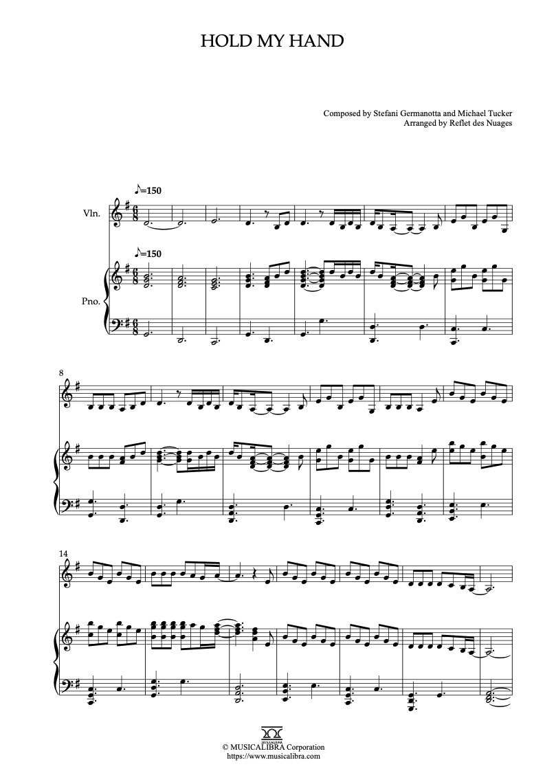 Sheet music of Top Gun: Maverick Hold My Hand arranged for violin and piano duet chamber ensemble preview page 1