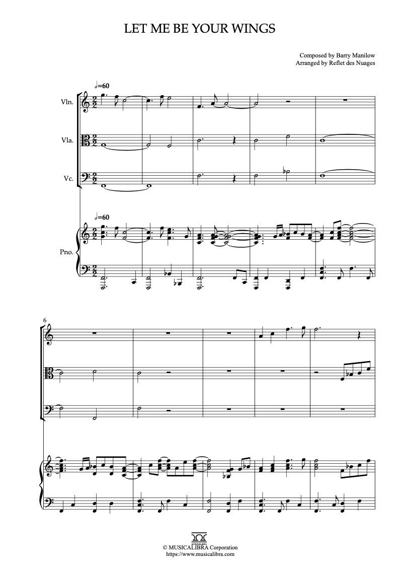Sheet music of Thumbelina Let Me Be Your Wings arranged for violin, viola, cello and piano quartet chamber ensemble preview page 1