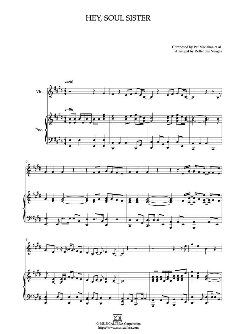Sheet music of Train Hey, Soul Sister arranged for violin and piano duet chamber ensemble preview page 1