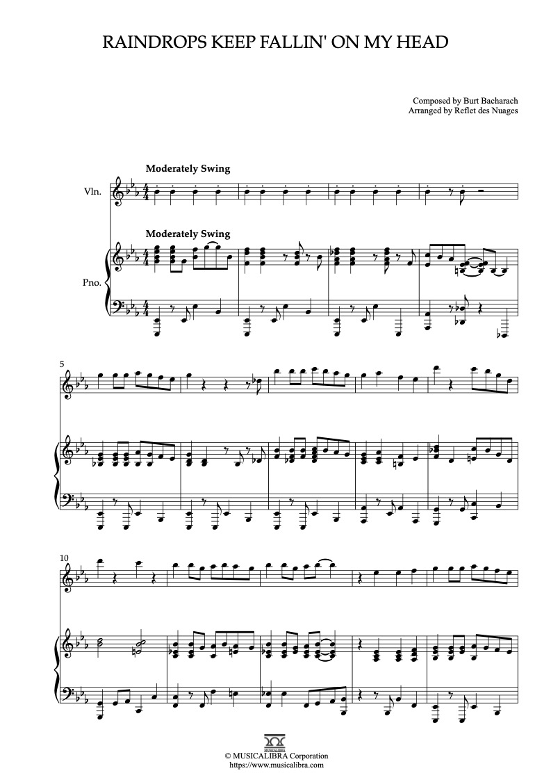 Partitura de Raindrops Keep Fallin' on My Head arreglada para dueto de violín y piano