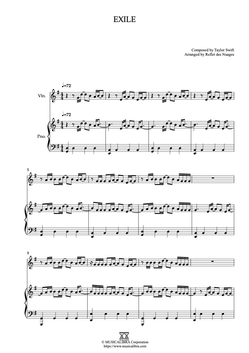 Sheet music of Taylor Swift exile arranged for violin and piano duet chamber ensemble preview page 1