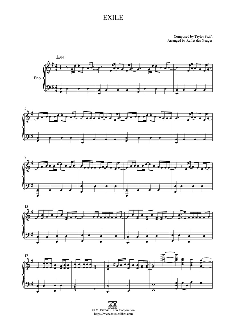 Sheet music of Taylor Swift exile arranged for piano solo preview page 1