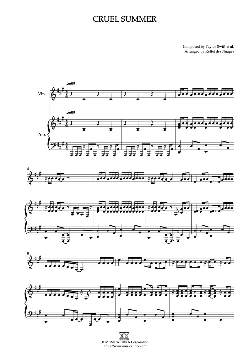 Sheet music of Taylor Swift Cruel Summer arranged for violin and piano duet preview page 1