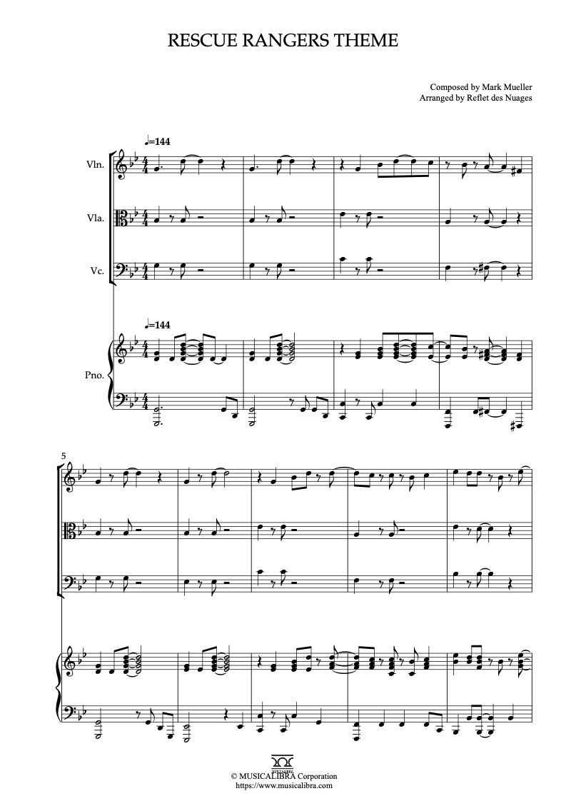 Chip 'N' Dale's Rescue Rangers Theme Song 四重奏 乐谱 - 小提琴, 中提琴, 大提琴, 钢琴