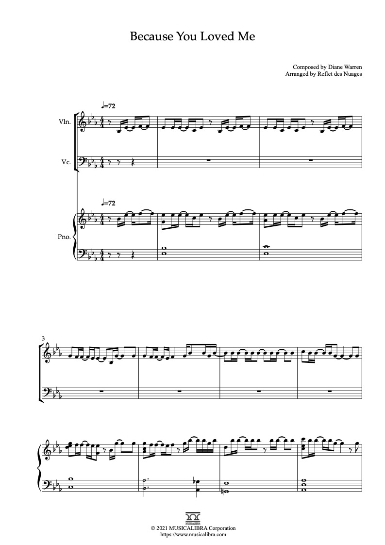 Sheet music of Celine Dion Because You Loved Me arranged for violin, cello and piano trio chamber ensemble preview page 1