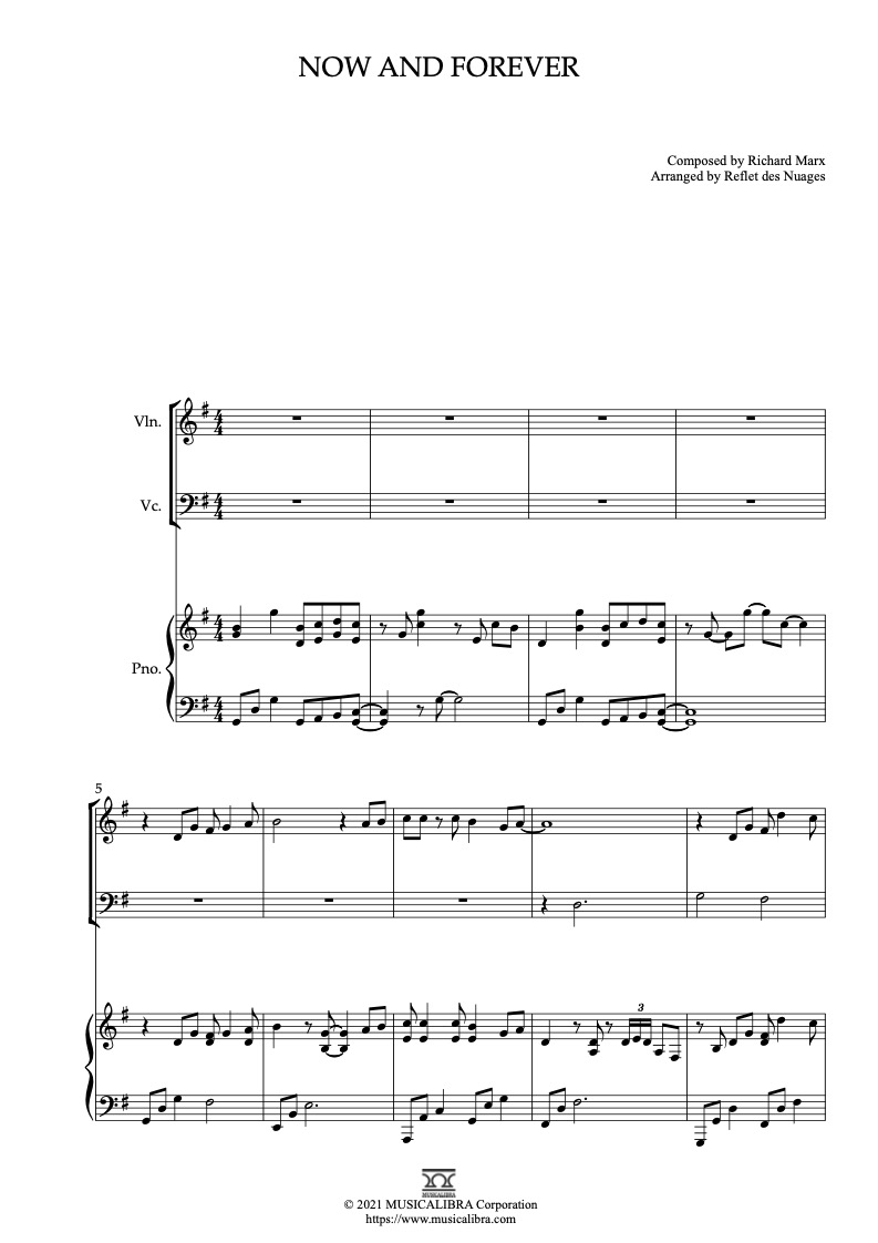 Partitura de Richard Marx Now and Forever arreglada para trío de violín, violonchelo y piano