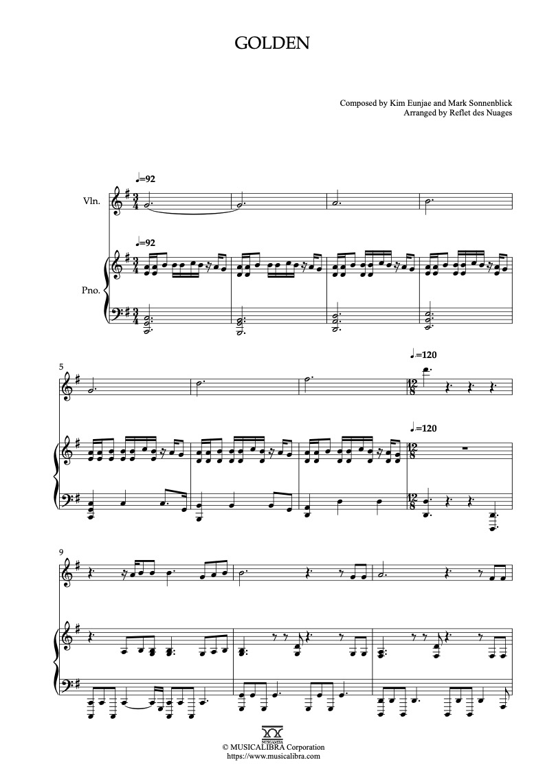 Sheet music of KPop Demon Hunters Golden arranged for violin and piano duet chamber ensemble preview page 1