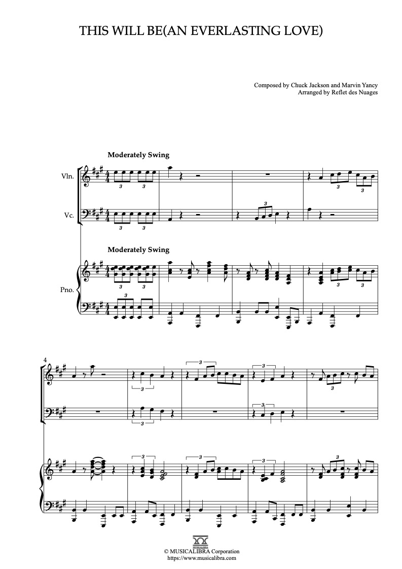 Natalie Cole This Will Be(An Everlasting Love) 編曲楽譜 - ヴァイオリン、チェロ、ピアノトリオ