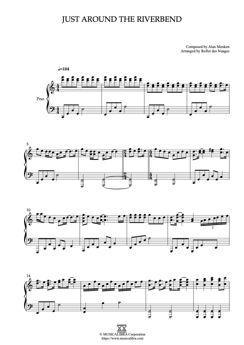 Partitura de Pocahontas Just Around the Riverbend arreglada para piano solo