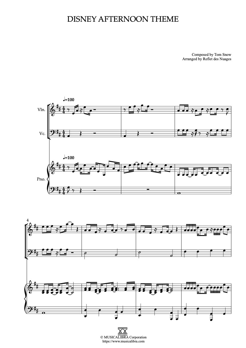 Disney Afternoon Theme 編曲楽譜 - ヴァイオリン、チェロ、ピアノトリオ