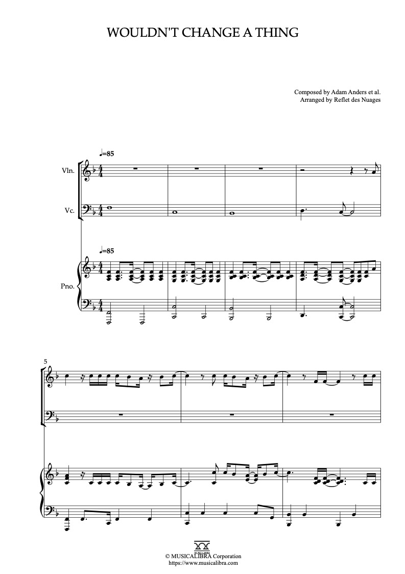 Sheet music of Camp Rock Wouldn't Change a Thing arranged for violin, cello and piano trio chamber ensemble preview page 1