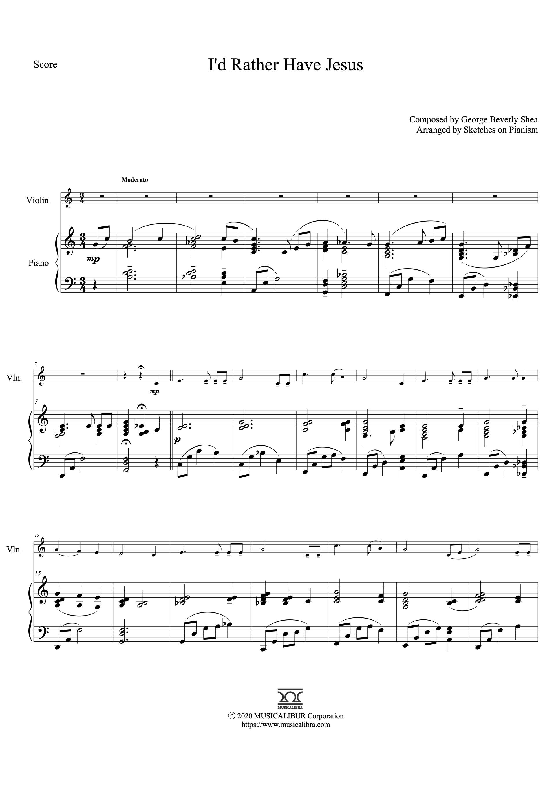 Sheet music of I'd Rather Have Jesus arranged for violin and piano duet preview page 1