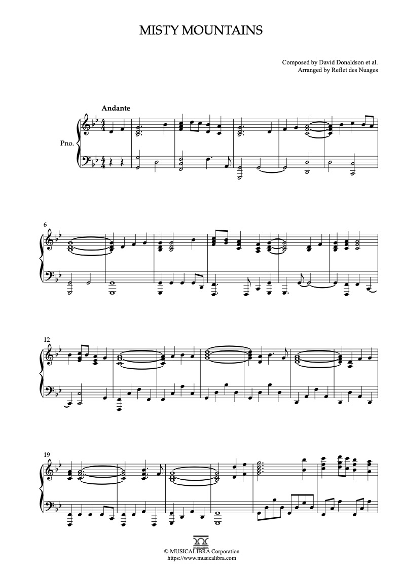 The Hobbit Soundtrack Misty Mountains 钢琴 独奏 乐谱