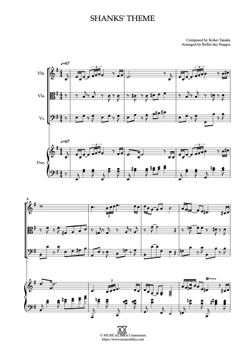 Partitura de One Piece Shanks' Theme arreglada para cuarteto de violín, viola, violonchelo y piano