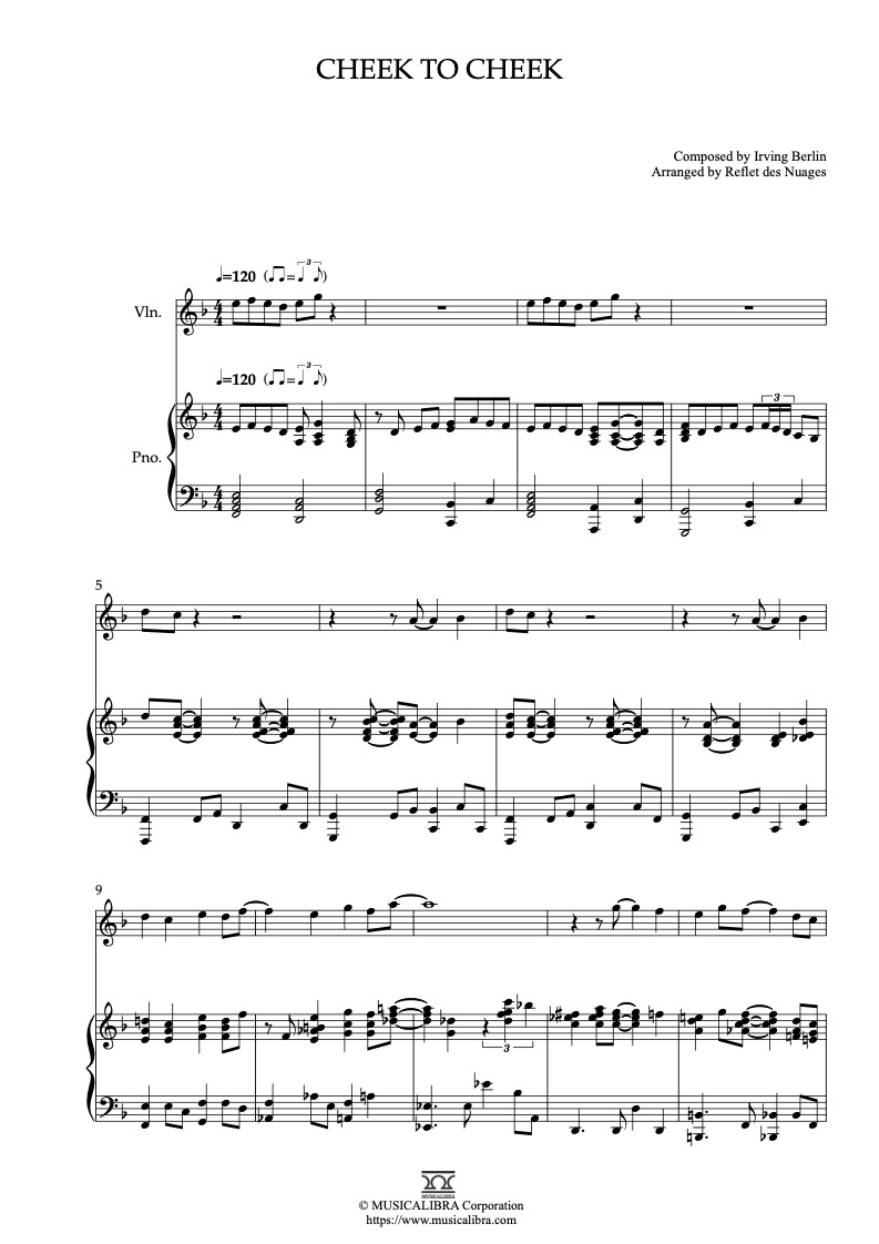 Ella Fitzgerald&Louis Armstrong Cheek to Cheek 編曲楽譜 - ヴァイオリン、ピアノデュエット