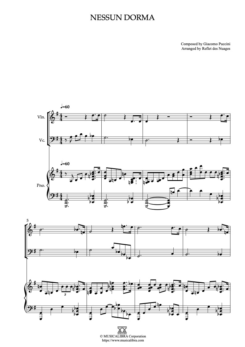 Turandot Nessun Dorma 三重奏 乐谱 - 小提琴, 大提琴, 钢琴